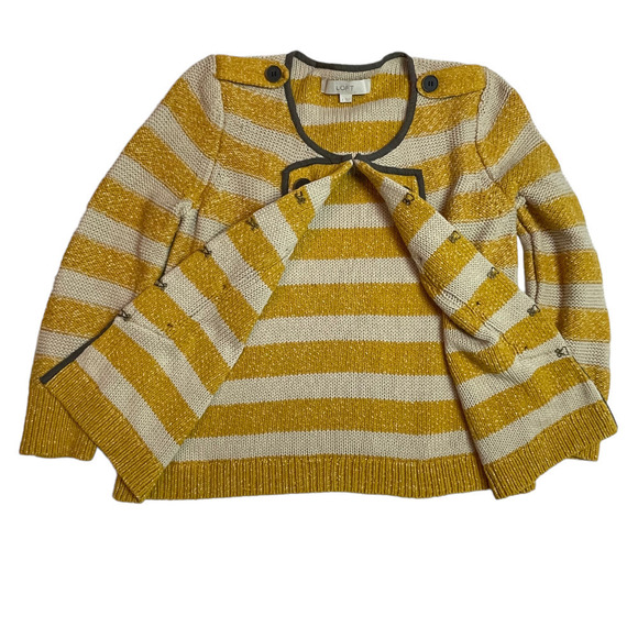 LOFT Mustard Yellow and Cream Striped Military Style Cardigan Women’s Size Small - Picture 2 of 8